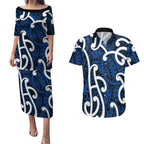 Aotearoa Maori Kowhaiwhai Couples Matching Puletasi and Hawaiian Shirt Kikorangi Puhoro and Patiki