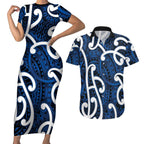 Aotearoa Maori Kowhaiwhai Couples Matching Short Sleeve Bodycon Dress and Hawaiian Shirt Kikorangi Puhoro and Patiki