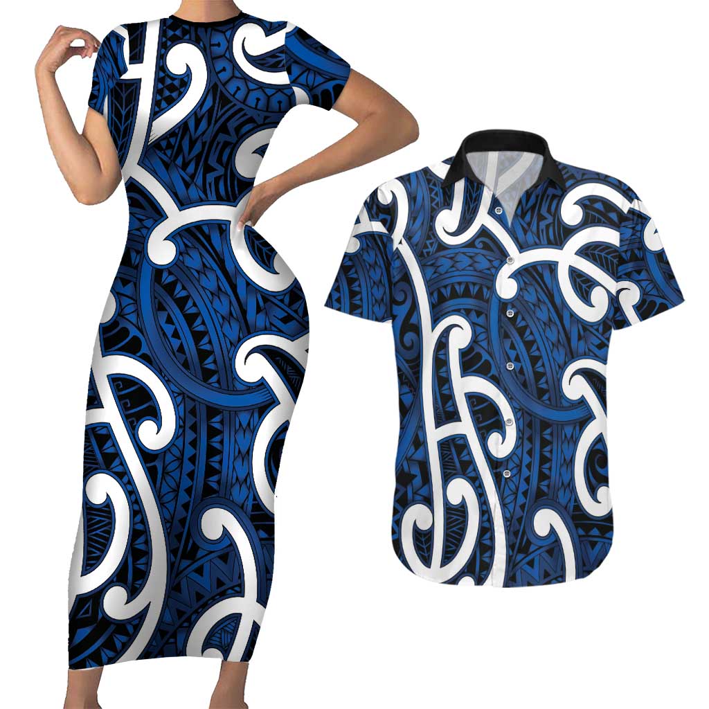 Aotearoa Maori Kowhaiwhai Couples Matching Short Sleeve Bodycon Dress and Hawaiian Shirt Kikorangi Puhoro and Patiki