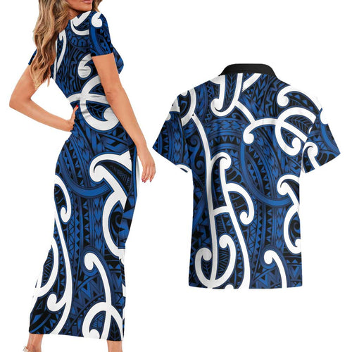 Aotearoa Maori Kowhaiwhai Couples Matching Short Sleeve Bodycon Dress and Hawaiian Shirt Kikorangi Puhoro and Patiki