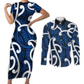 Aotearoa Maori Kowhaiwhai Couples Matching Short Sleeve Bodycon Dress and Long Sleeve Button Shirt Kikorangi Puhoro and Patiki