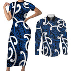 Aotearoa Maori Kowhaiwhai Couples Matching Short Sleeve Bodycon Dress and Long Sleeve Button Shirt Kikorangi Puhoro and Patiki