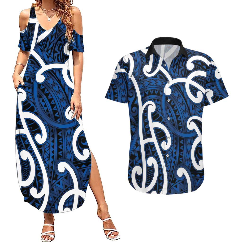 Aotearoa Maori Kowhaiwhai Couples Matching Summer Maxi Dress and Hawaiian Shirt Kikorangi Puhoro and Patiki
