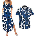 Aotearoa Maori Kowhaiwhai Couples Matching Summer Maxi Dress and Hawaiian Shirt Kikorangi Puhoro and Patiki