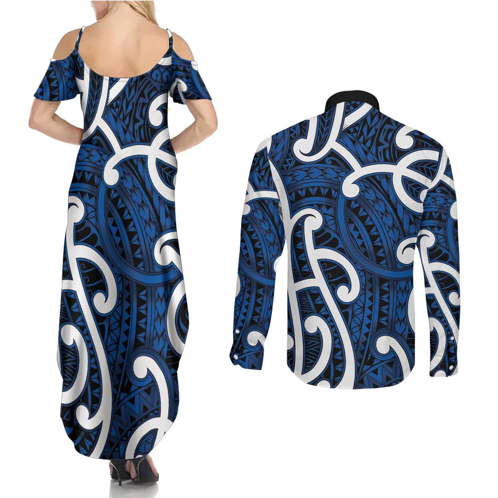 Aotearoa Maori Kowhaiwhai Couples Matching Summer Maxi Dress and Long Sleeve Button Shirt Kikorangi Puhoro and Patiki