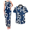 Aotearoa Maori Kowhaiwhai Couples Matching Tank Maxi Dress and Hawaiian Shirt Kikorangi Puhoro and Patiki