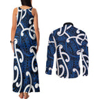 Aotearoa Maori Kowhaiwhai Couples Matching Tank Maxi Dress and Long Sleeve Button Shirt Kikorangi Puhoro and Patiki