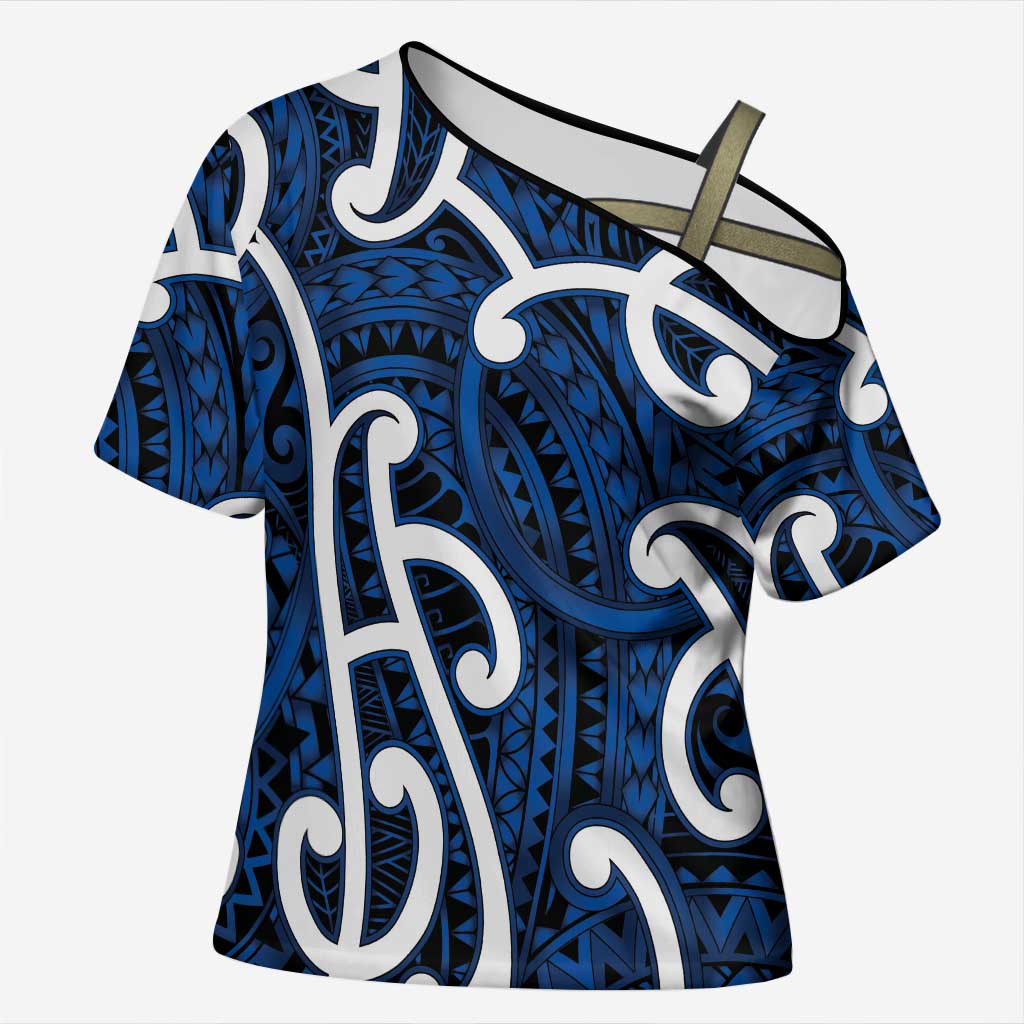 Aotearoa Maori Kowhaiwhai Cross Shoulder Shirt Kikorangi Puhoro and Patiki