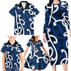 Aotearoa Maori Kowhaiwhai Family Matching Long Sleeve Bodycon Dress and Hawaiian Shirt Kikorangi Puhoro and Patiki