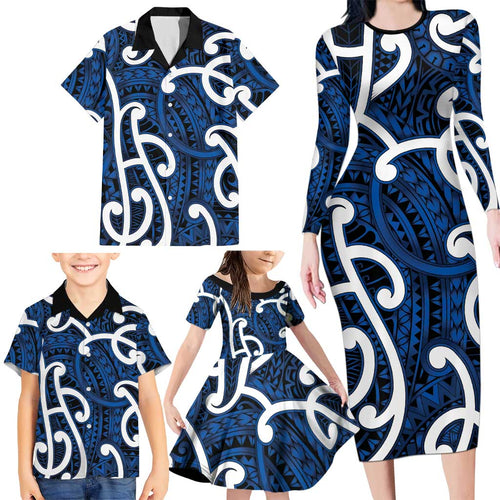 Aotearoa Maori Kowhaiwhai Family Matching Long Sleeve Bodycon Dress and Hawaiian Shirt Kikorangi Puhoro and Patiki