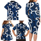 Aotearoa Maori Kowhaiwhai Family Matching Long Sleeve Bodycon Dress and Hawaiian Shirt Kikorangi Puhoro and Patiki