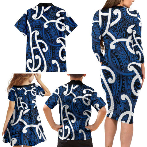 Aotearoa Maori Kowhaiwhai Family Matching Long Sleeve Bodycon Dress and Hawaiian Shirt Kikorangi Puhoro and Patiki