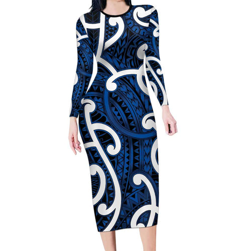 Aotearoa Maori Kowhaiwhai Family Matching Long Sleeve Bodycon Dress and Hawaiian Shirt Kikorangi Puhoro and Patiki