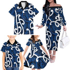 Aotearoa Maori Kowhaiwhai Family Matching Off The Shoulder Long Sleeve Dress and Hawaiian Shirt Kikorangi Puhoro and Patiki