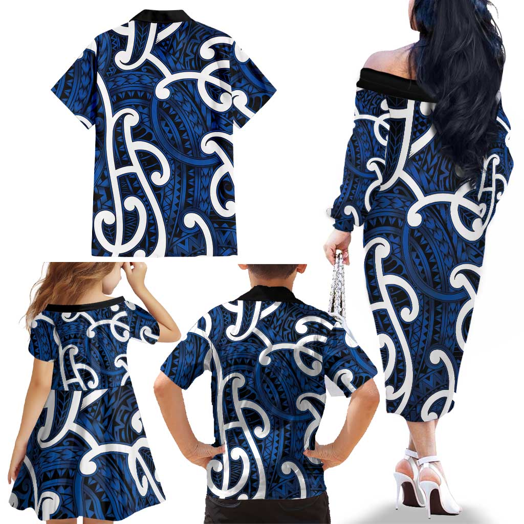 Aotearoa Maori Kowhaiwhai Family Matching Off The Shoulder Long Sleeve Dress and Hawaiian Shirt Kikorangi Puhoro and Patiki