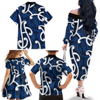 Aotearoa Maori Kowhaiwhai Family Matching Off The Shoulder Long Sleeve Dress and Hawaiian Shirt Kikorangi Puhoro and Patiki