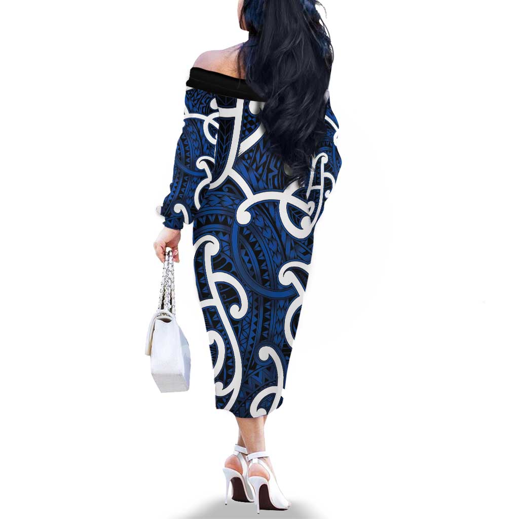 Aotearoa Maori Kowhaiwhai Family Matching Off The Shoulder Long Sleeve Dress and Hawaiian Shirt Kikorangi Puhoro and Patiki