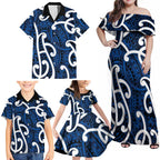 Aotearoa Maori Kowhaiwhai Family Matching Off Shoulder Maxi Dress and Hawaiian Shirt Kikorangi Puhoro and Patiki