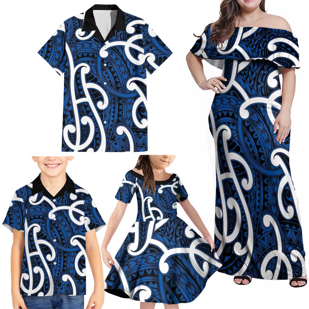 Aotearoa Maori Kowhaiwhai Family Matching Off Shoulder Maxi Dress and Hawaiian Shirt Kikorangi Puhoro and Patiki