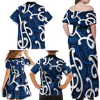 Aotearoa Maori Kowhaiwhai Family Matching Off Shoulder Maxi Dress and Hawaiian Shirt Kikorangi Puhoro and Patiki