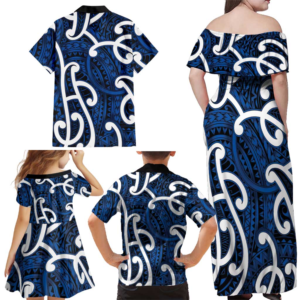 Aotearoa Maori Kowhaiwhai Family Matching Off Shoulder Maxi Dress and Hawaiian Shirt Kikorangi Puhoro and Patiki