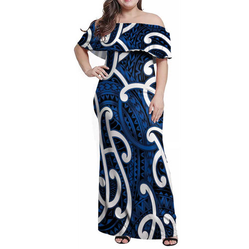 Aotearoa Maori Kowhaiwhai Family Matching Off Shoulder Maxi Dress and Hawaiian Shirt Kikorangi Puhoro and Patiki
