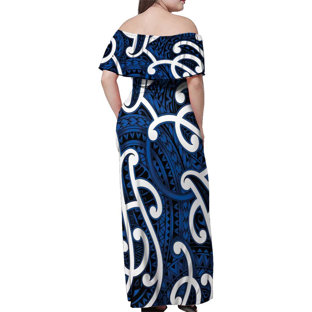 Aotearoa Maori Kowhaiwhai Family Matching Off Shoulder Maxi Dress and Hawaiian Shirt Kikorangi Puhoro and Patiki