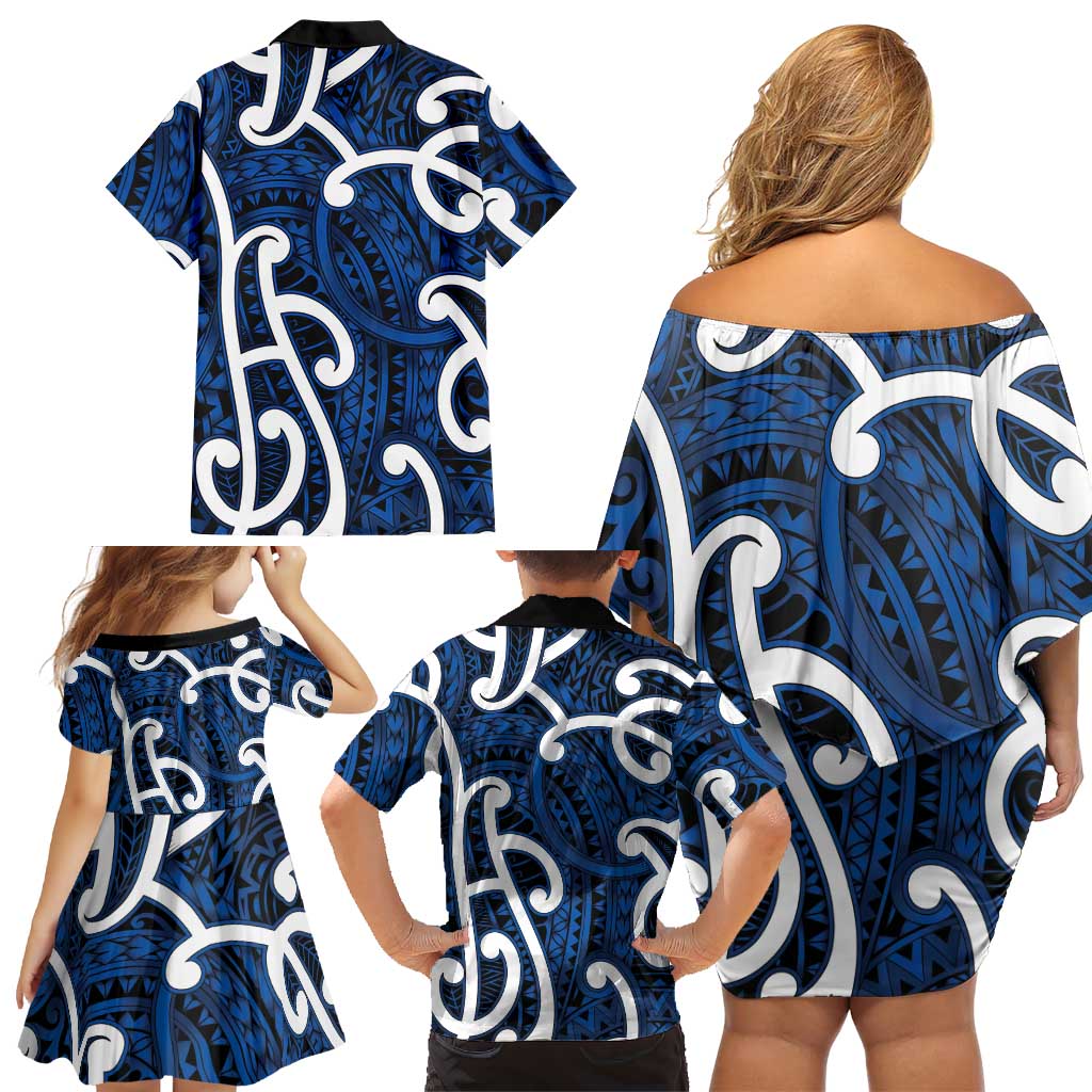 Aotearoa Maori Kowhaiwhai Family Matching Off Shoulder Short Dress and Hawaiian Shirt Kikorangi Puhoro and Patiki