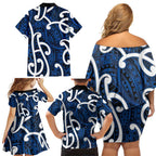 Aotearoa Maori Kowhaiwhai Family Matching Off Shoulder Short Dress and Hawaiian Shirt Kikorangi Puhoro and Patiki