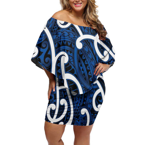 Aotearoa Maori Kowhaiwhai Family Matching Off Shoulder Short Dress and Hawaiian Shirt Kikorangi Puhoro and Patiki