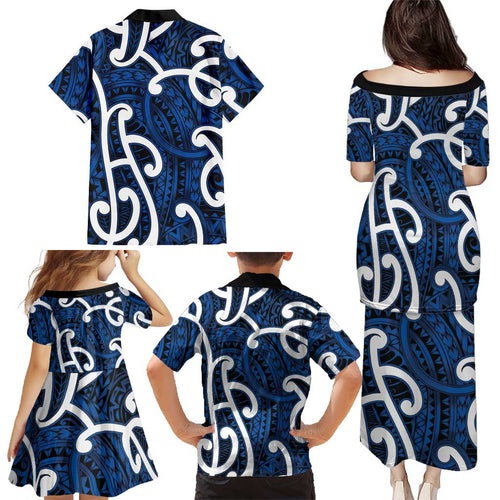 Aotearoa Maori Kowhaiwhai Family Matching Puletasi and Hawaiian Shirt Kikorangi Puhoro and Patiki