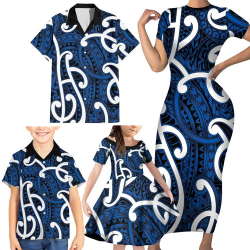 Aotearoa Maori Kowhaiwhai Family Matching Short Sleeve Bodycon Dress and Hawaiian Shirt Kikorangi Puhoro and Patiki