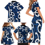 Aotearoa Maori Kowhaiwhai Family Matching Short Sleeve Bodycon Dress and Hawaiian Shirt Kikorangi Puhoro and Patiki