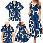 Aotearoa Maori Kowhaiwhai Family Matching Summer Maxi Dress and Hawaiian Shirt Kikorangi Puhoro and Patiki