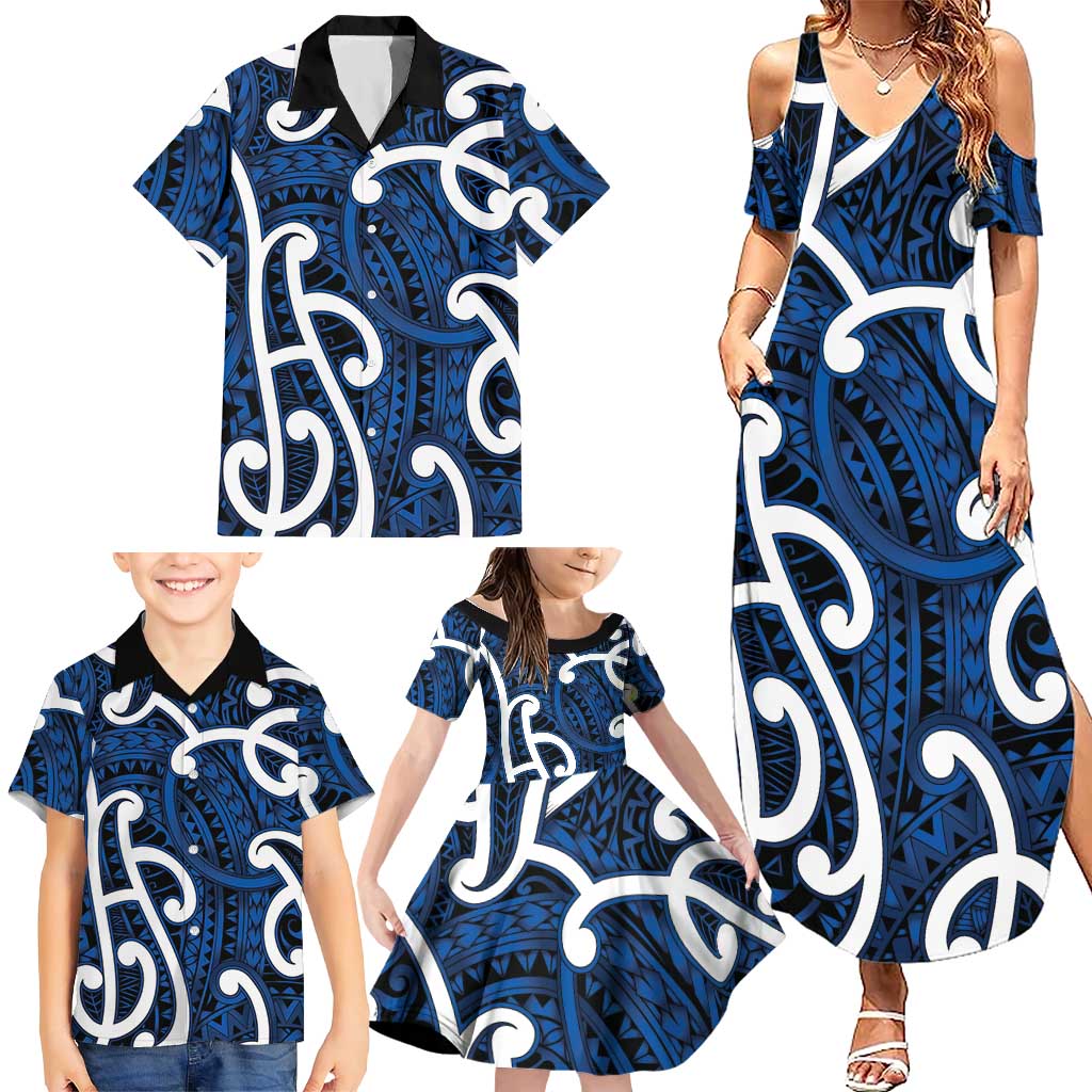 Aotearoa Maori Kowhaiwhai Family Matching Summer Maxi Dress and Hawaiian Shirt Kikorangi Puhoro and Patiki