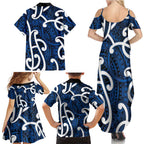 Aotearoa Maori Kowhaiwhai Family Matching Summer Maxi Dress and Hawaiian Shirt Kikorangi Puhoro and Patiki