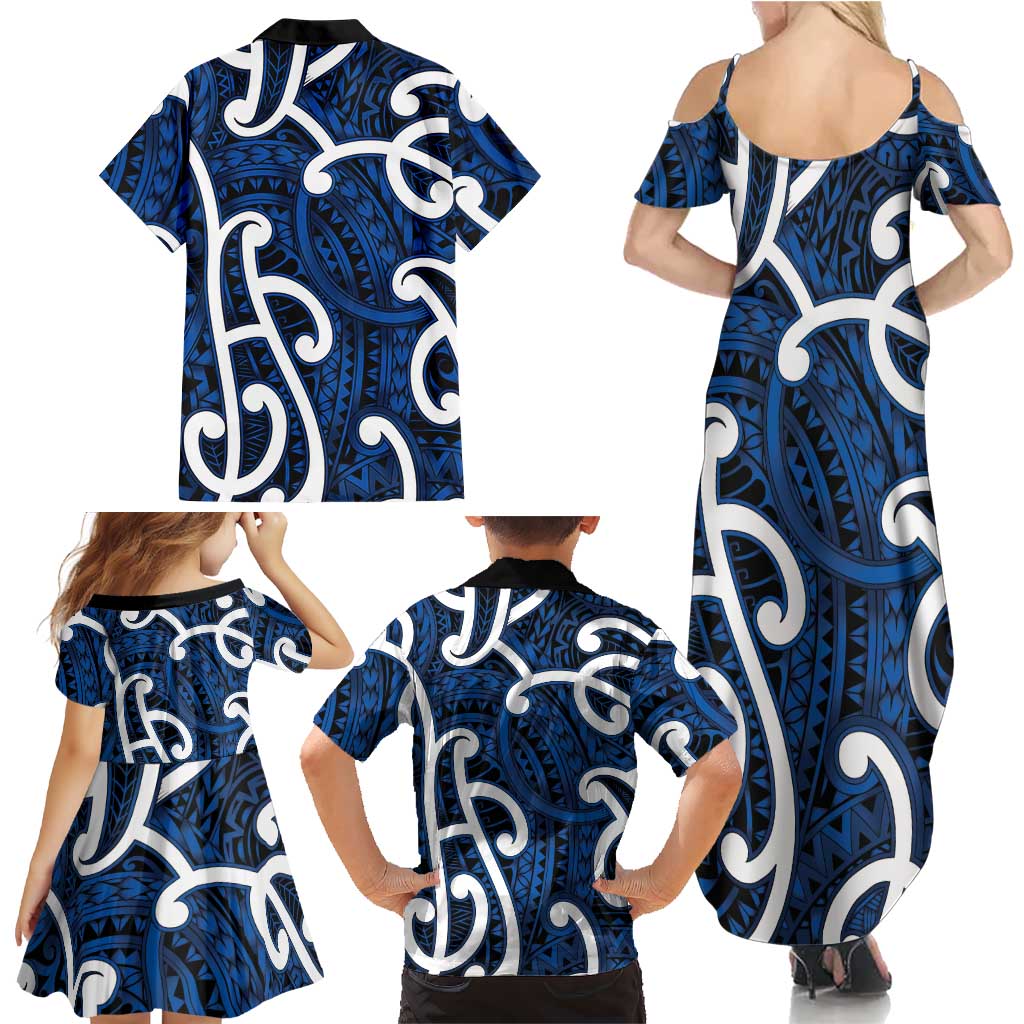 Aotearoa Maori Kowhaiwhai Family Matching Summer Maxi Dress and Hawaiian Shirt Kikorangi Puhoro and Patiki