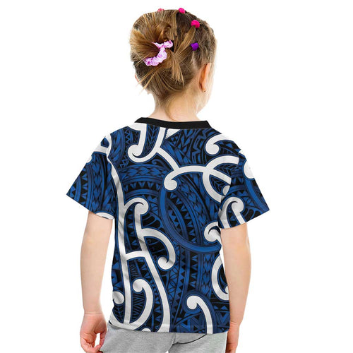 Aotearoa Maori Kowhaiwhai Kid T Shirt Kikorangi Puhoro and Patiki