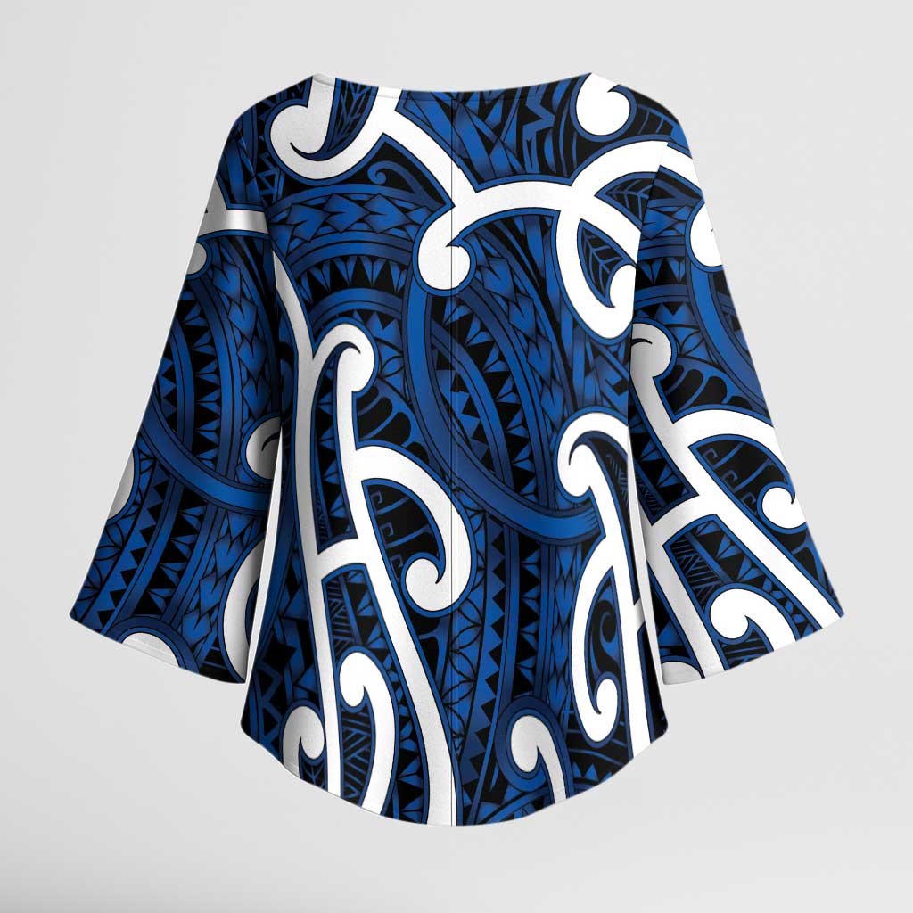 Aotearoa Maori Kowhaiwhai Kimono Sleeve Blouse Kikorangi Puhoro and Patiki