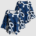 Aotearoa Maori Kowhaiwhai Kimono Sleeve Blouse Kikorangi Puhoro and Patiki