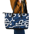 Aotearoa Maori Kowhaiwhai Leather Tote Bag Kikorangi Puhoro and Patiki