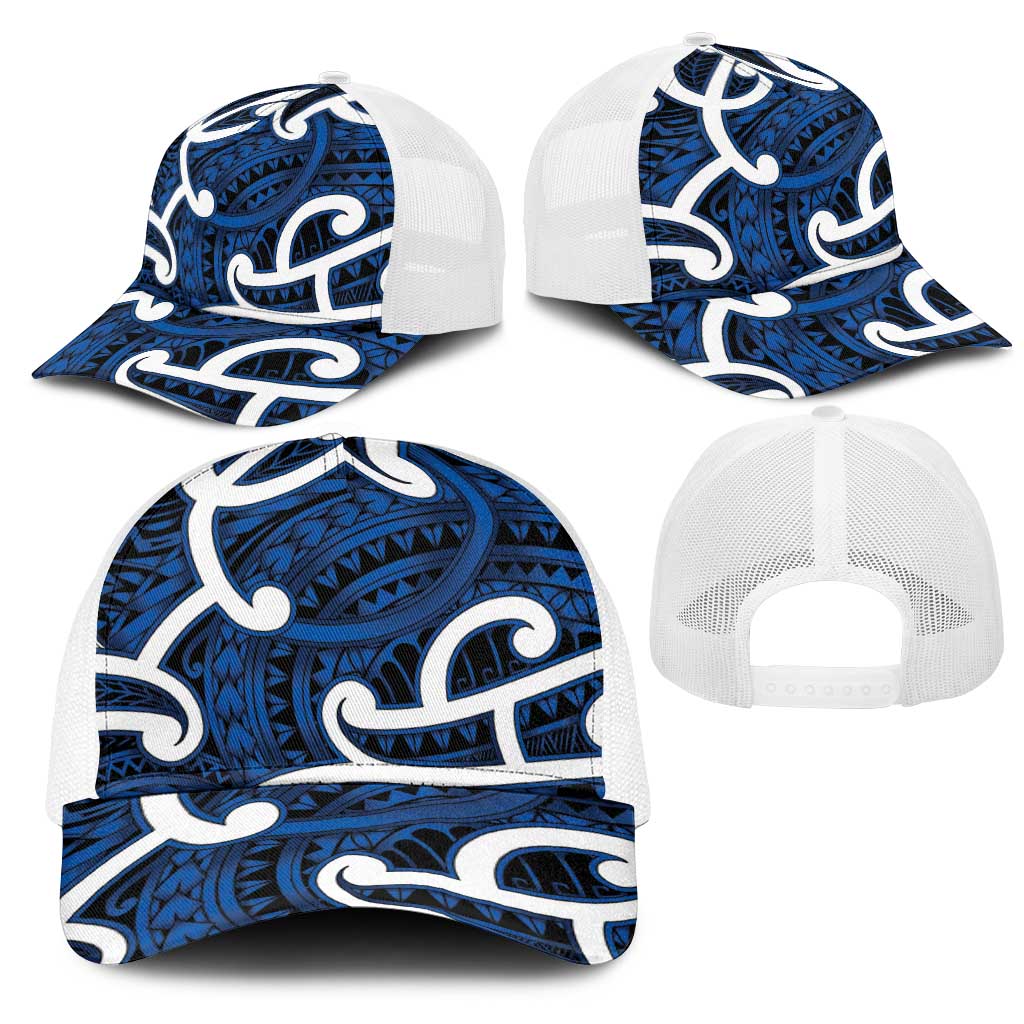 Aotearoa Maori Kowhaiwhai Mesh Trucker Cap Kikorangi Puhoro and Patiki