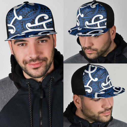 Aotearoa Maori Kowhaiwhai Mesh Trucker Cap Kikorangi Puhoro and Patiki