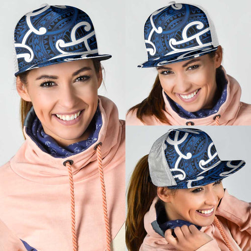 Aotearoa Maori Kowhaiwhai Mesh Trucker Cap Kikorangi Puhoro and Patiki