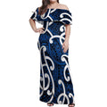 Aotearoa Maori Kowhaiwhai Off Shoulder Maxi Dress Kikorangi Puhoro and Patiki