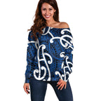 Aotearoa Maori Kowhaiwhai Off Shoulder Sweater Kikorangi Puhoro and Patiki