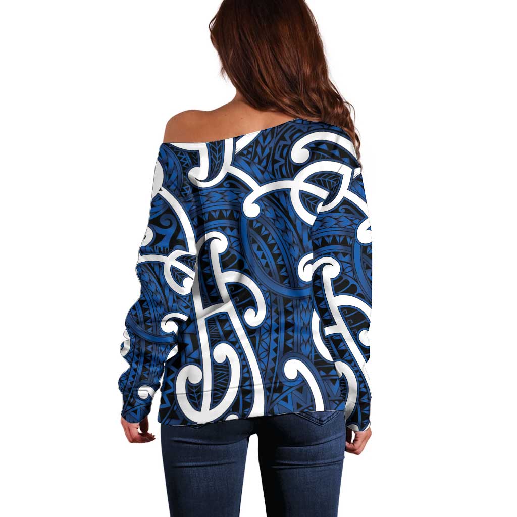 Aotearoa Maori Kowhaiwhai Off Shoulder Sweater Kikorangi Puhoro and Patiki
