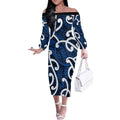 Aotearoa Maori Kowhaiwhai Off The Shoulder Long Sleeve Dress Kikorangi Puhoro and Patiki