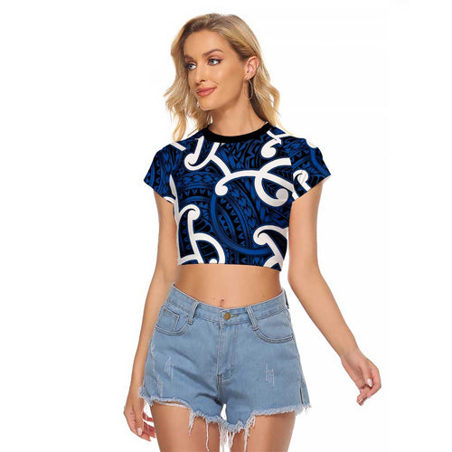 Aotearoa Maori Kowhaiwhai Raglan Cropped T Shirt Kikorangi Puhoro and Patiki