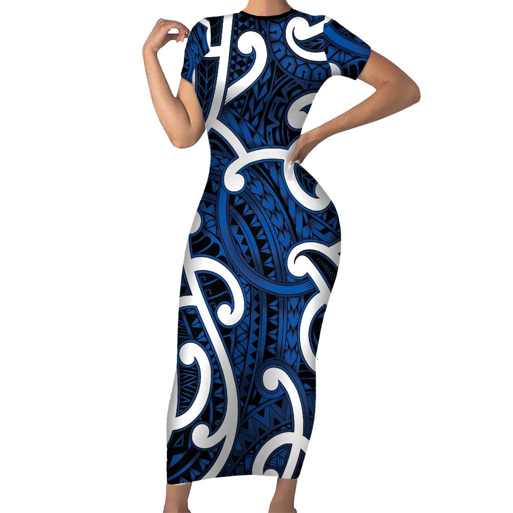 Aotearoa Maori Kowhaiwhai Short Sleeve Bodycon Dress Kikorangi Puhoro and Patiki